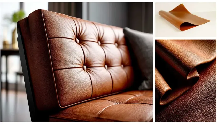 Gros plan sur un canapé capitonné en cuir synthétique marron. Des échantillons de ce matériau, montrant sa texture et sa souplesse, suggèrent une longue durée de vie.