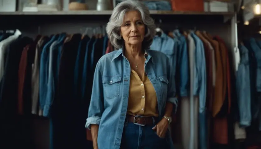 Une femme élégante aux cheveux gris porte une chemise en jean ouverte sur un chemisier jaune moutarde. Elle montre une tenue parfaite pour savoir que mettre avec un jean.