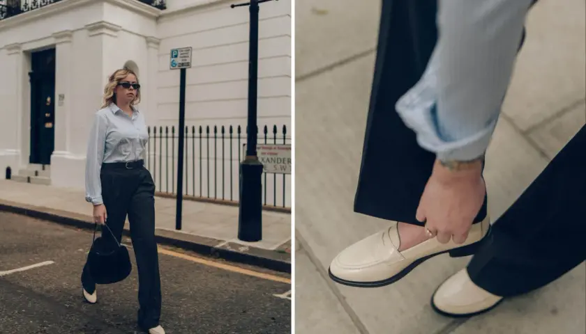 Un homme porte un pantalon gris avec des mocassins crème. Quelle chaussure avec pantalon gris homme ? Ces mocassins sont un choix élégant.