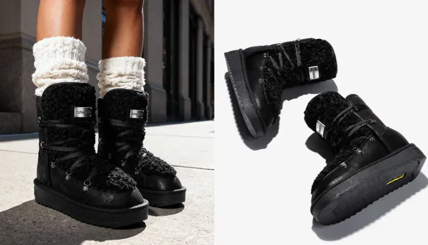 Des bottines chaussettes noires en fausse fourrure, lacées, avec une semelle épaisse. Parfaites pour un look d'hiver stylé.