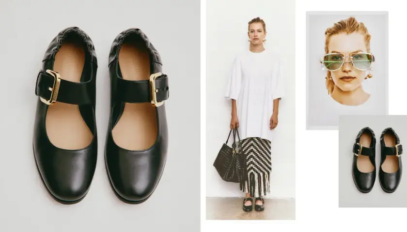 Chaussures noires à boucle dorée, style Mary Jane, portées par un mannequin. Un look chic et moderne.