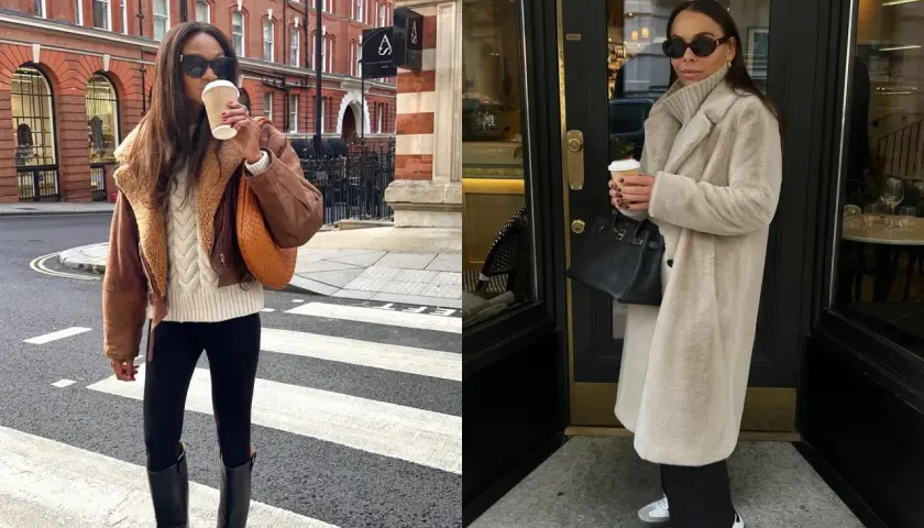Look femme hiver froid. Deux femmes élégantes profitent d'une boisson chaude par temps frais, l'une avec une veste en cuir et l'autre dans un manteau en fausse fourrure.