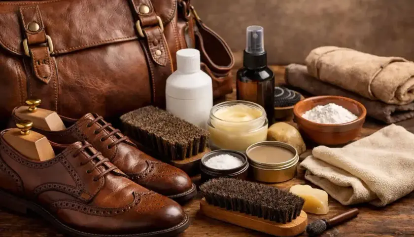 Ensemble d'accessoires pour nettoyer cuir : chaussures, sac, brosses, crèmes et chiffons.