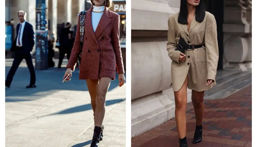 Deux femmes arborent un blazer avec robe courte. L'une porte un blazer à carreaux rouge, l'autre un blazer beige ceinturé.
