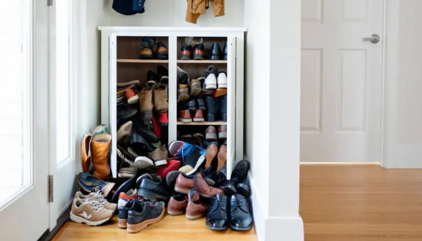 Un placard débordant de chaussures, montrant comment ranger des chaussures dans un placard pour un maximum d'espace.
