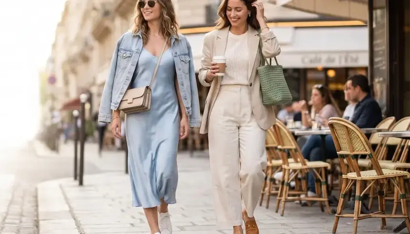 Deux femmes flânent dans une rue parisienne, offrant une belle idée tenue printemps femme. L'une porte une robe nuisette bleu pâle avec une veste en jean, l'autre un tailleur pantalon crème.