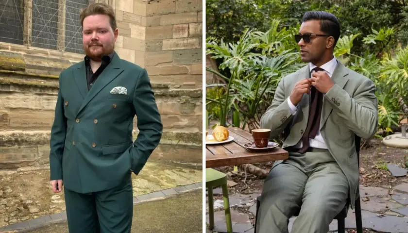 Deux hommes portent un costume vert. L'un, à gauche, est devant une église. L'autre, à droite, est assis à une table de café.