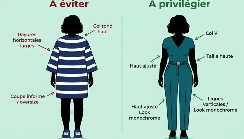 Pour un vêtement à éviter quand on est ronde : une robe informe à rayures horizontales larges et col rond. Privilégier un haut ajusté, col V, taille haute et lignes verticales.