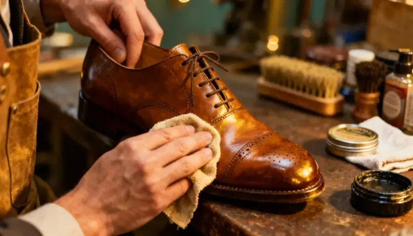 Un homme prend soin de ses chaussures en cuir neuves avec un chiffon doux. L'entretien des chaussures en cuir est essentiel pour leur longévité.
