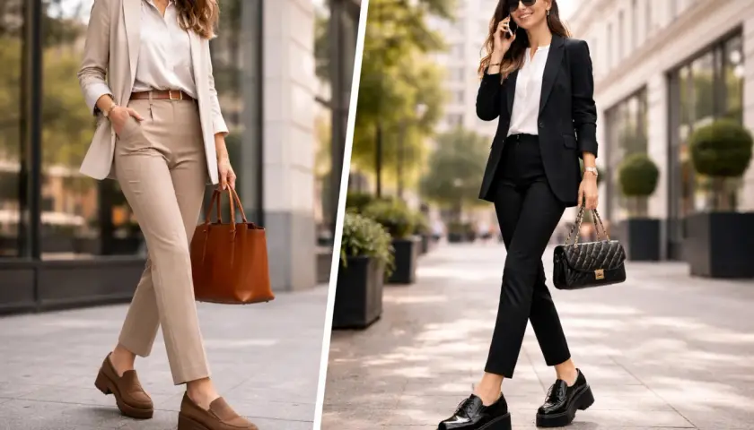 Deux femmes élégantes portent un pantalon avec mocassin, l'une en tenue beige, l'autre en noir.