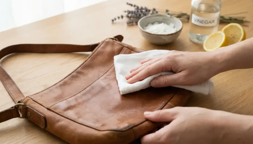 Main d'une personne en train d'enlever une tache sur un sac en cuir clair avec un chiffon blanc. Vinaigre, citron et lavande en arrière-plan.