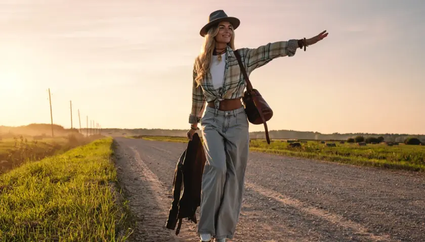 Une femme au style bohème, portant un jean large, fait de l'auto-stop au coucher du soleil. Elle incarne la liberté et les différents types de jean femme.