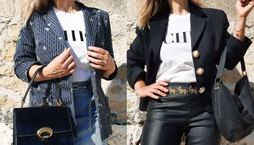 Une femme élégante porte une veste imprimée et un jean, puis une veste noire et un pantalon en cuir.