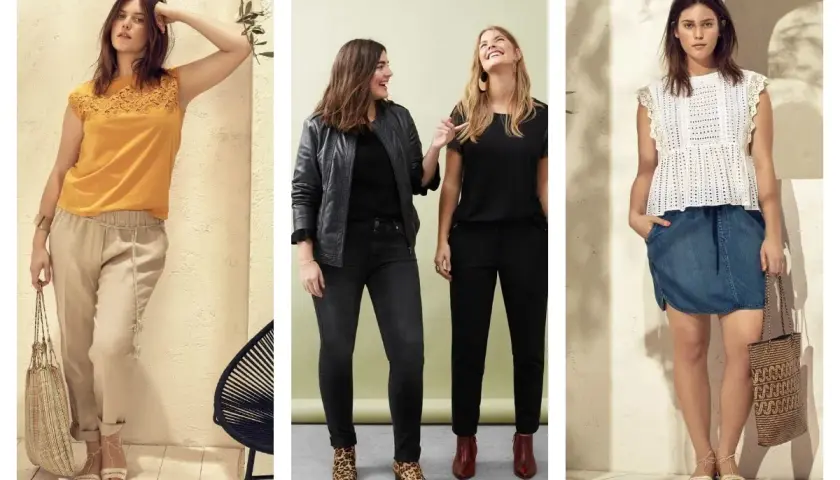 Trois femmes rondes montrent des tenues stylées : pantalon beige, jean noir et jupe en jean. Idées pour comment s'habiller quand on est ronde.