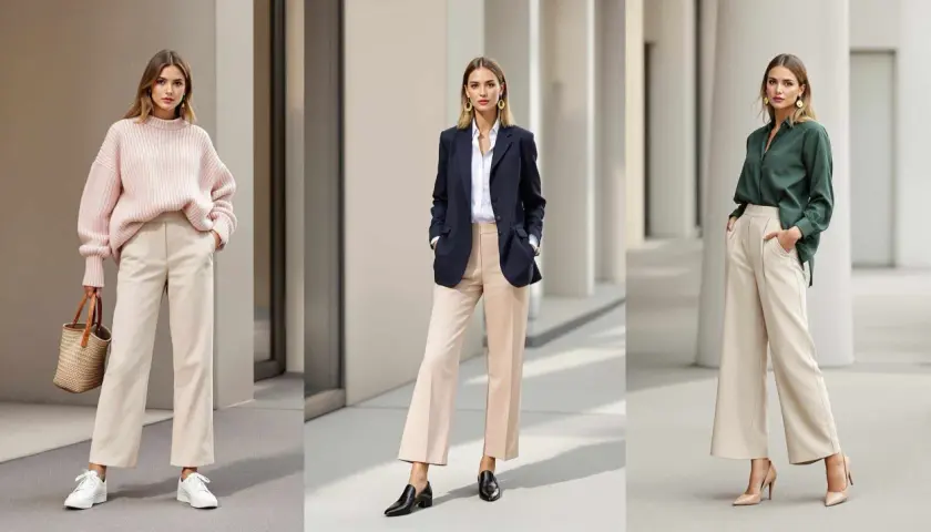 Trois femmes portent des tenues élégantes avec un pantalon beige. La première, un pull rose et des baskets. La deuxième, un blazer bleu marine et des mocassins. La troisième, une chemise verte et des escarpins.