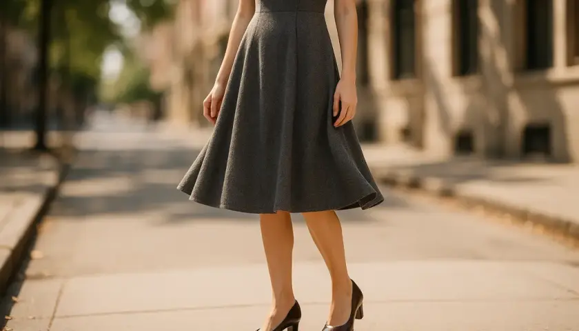 Une femme porte une robe grise évasée arrivant aux genoux, avec des escarpins marron. Parfaites quelles chaussures avec robe genoux pour une allure chic.