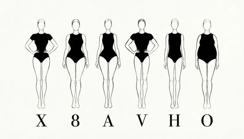 Six silhouettes féminines illustrent différents types de corps : X, 8, A, V, H, O.