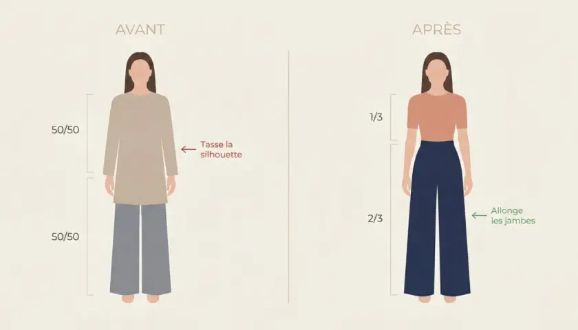 Avant/Après : la proportion jambe buste femme change. La silhouette est tassée (50/50) puis allongée (1/3 buste, 2/3 jambes).