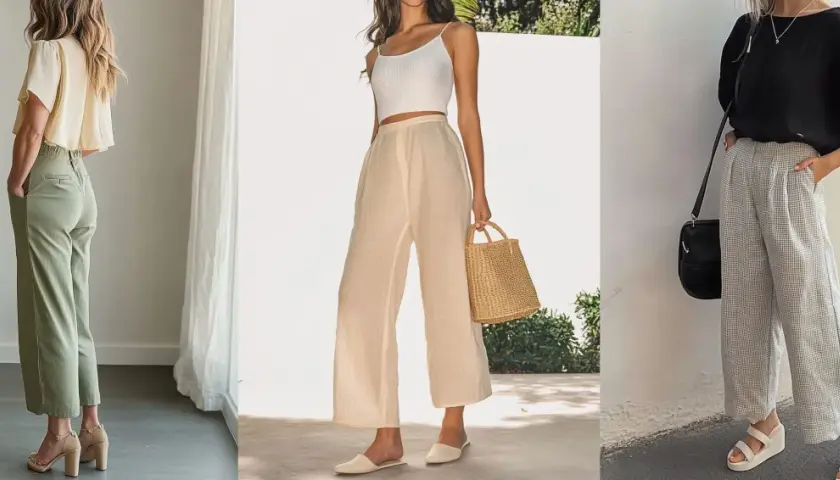 Trois femmes portent des pantalons en lin. Quelle chaussure avec un pantalon en lin homme ? Sandales à talons, mules ou compensées, le lin s'adapte à tout.