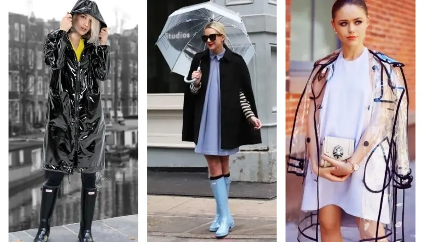 Trois looks pour savoir comment s'habiller quand il pleut et qu'il fait froid : trenchs brillants, capes élégantes et manteaux transparents.