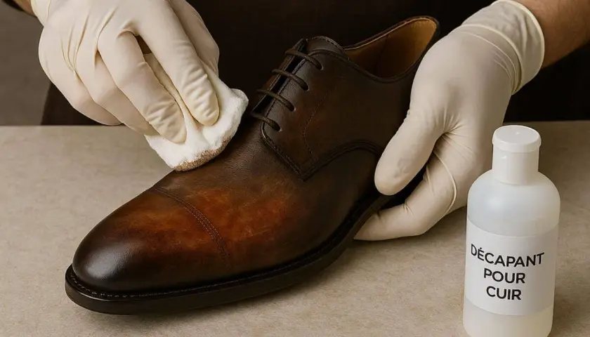 Mains gantées nettoyant une chaussure en cuir patiné avec un produit décapant.