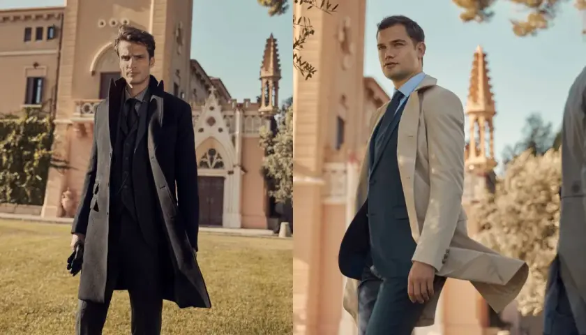 Deux hommes élégants portent des manteaux longs. L'un est en noir, l'autre en beige. La longueur manteau femme est ici mise en avant sur ces silhouettes masculines.