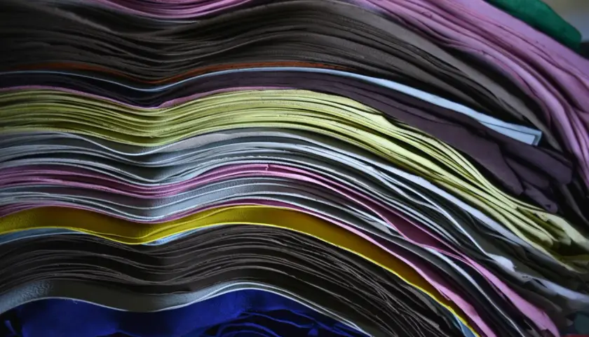 Pile de feuilles de cuir pleine fleur aux couleurs vives, formant des vagues douces.