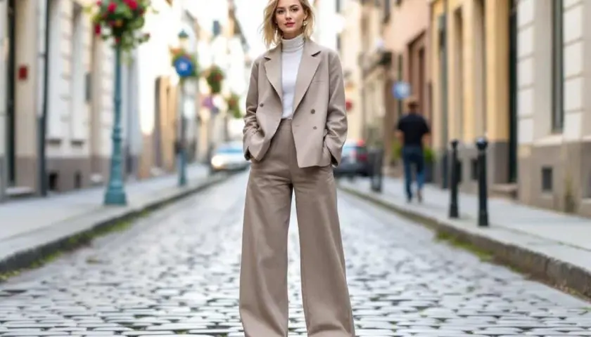 Une femme pose dans un tailleur pantalon beige, avec un col roulé blanc. Elle porte des chaussures plates qui complètent parfaitement son look. Quelles chaussures avec un tailleur pantalon ? Celles-ci !