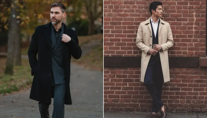 Deux hommes élégants, l'un en manteau noir, l'autre en beige. Quelle couleur de manteau choisir pour un style impeccable ?