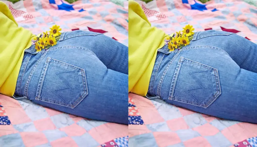 Jean de ma girlfriend, quelle morphologie ! Un bouquet de fleurs jaunes se cache dans la poche arrière de son jean, sur une couverture à carreaux.