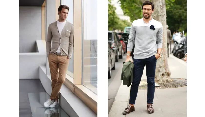 Un look homme bureau chic : un cardigan beige sur un t-shirt blanc et un pantalon camel pour le premier, un pull gris et un pantalon bleu marine pour le second.