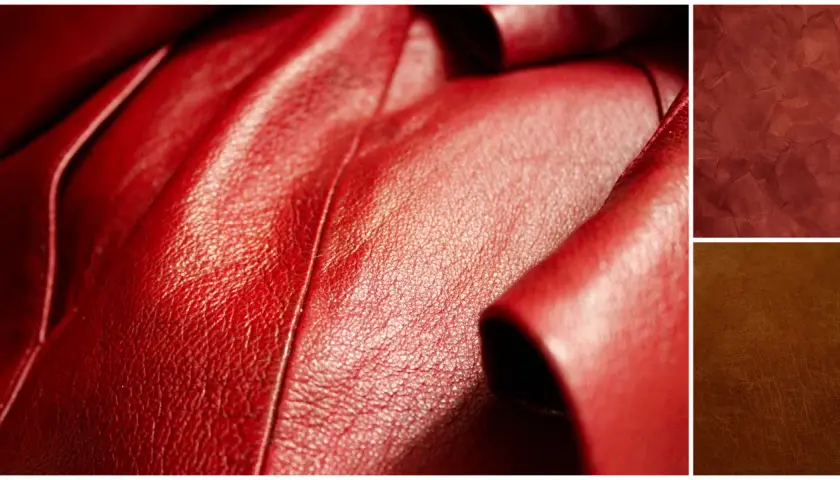 Gros plan sur du skaï rouge plissé, avec des échantillons de textures de skaï rouge et marron. Apprenez comment nettoyer du skaï.
