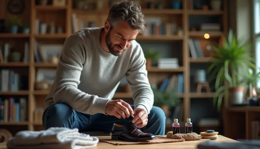 Un homme concentré sur la **teinture du cuir** de ses chaussures. Des flacons de teinture et des outils sont disposés sur la table.