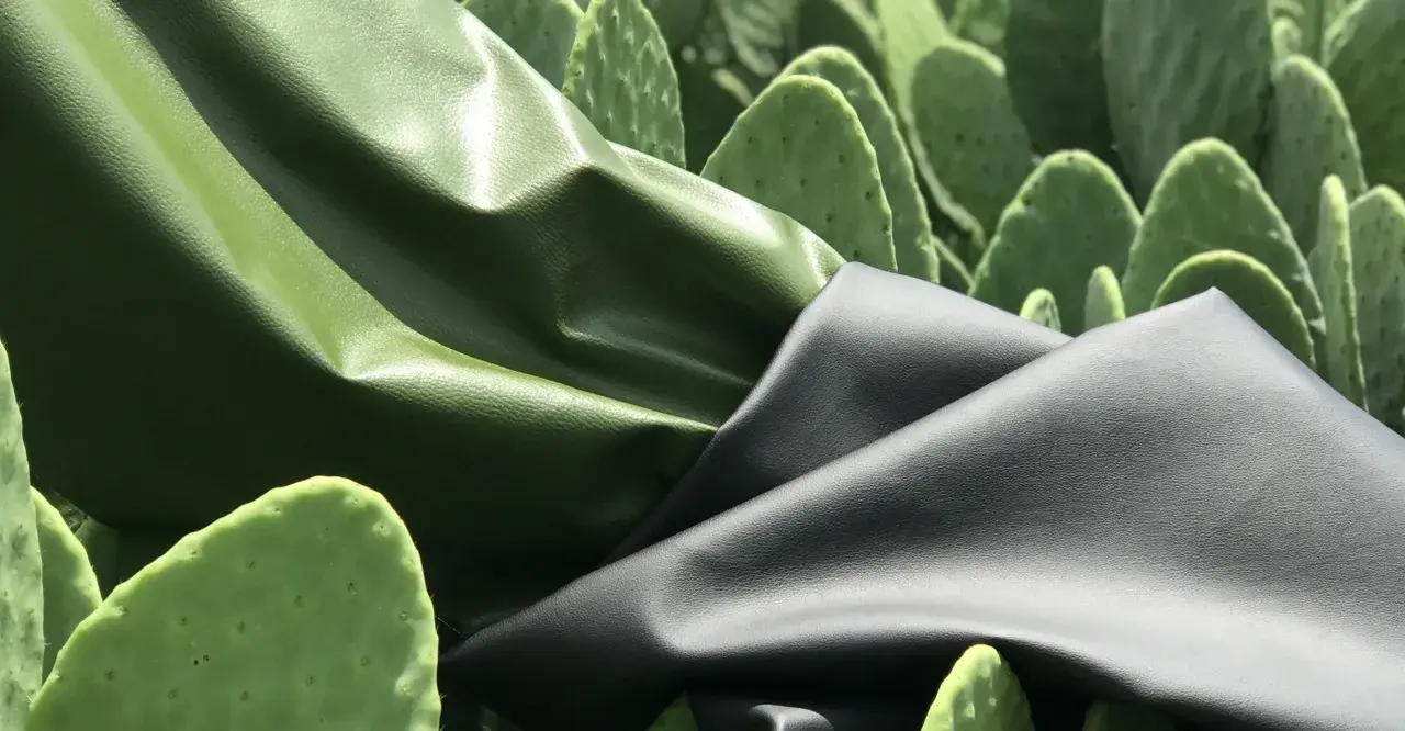 Deux échantillons de cuir végétal, vert et noir, drapés sur des feuilles de cactus.