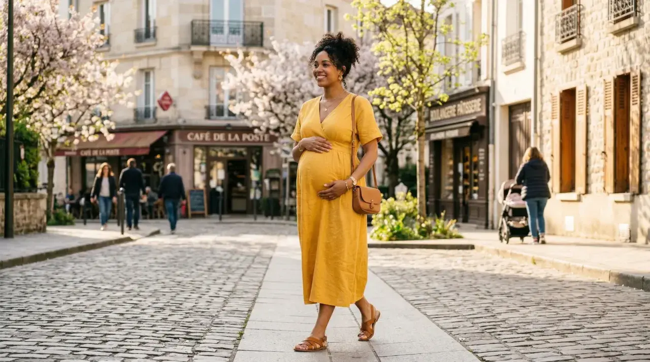 Une femme enceinte, rayonnante dans sa robe jaune, profite d'une promenade ensoleillée. S'habiller enceinte peut être élégant et confortable.