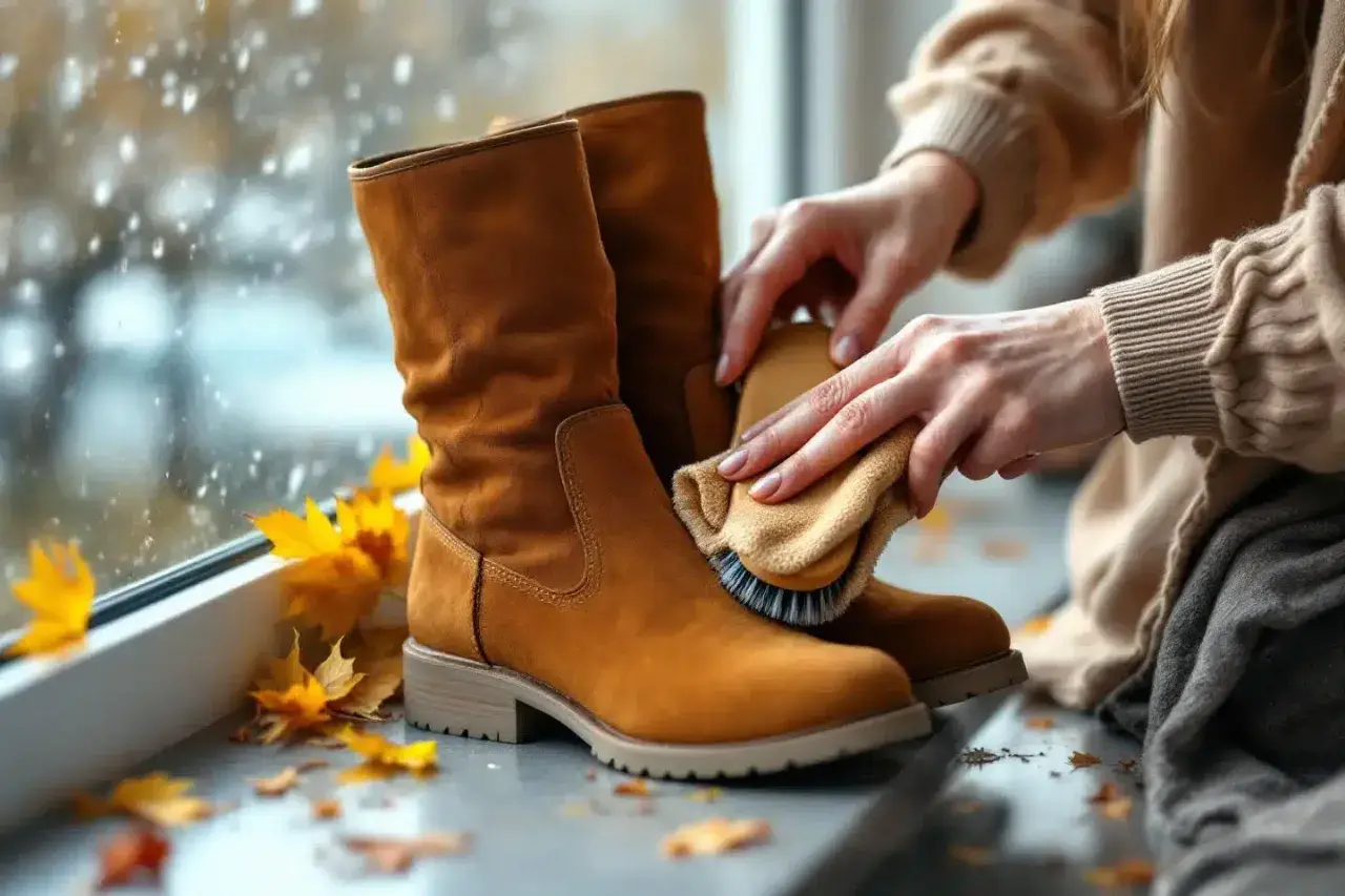 Une astuce de grand-mère pour nettoyer le daim : des bottes marron sont brossées avec un chiffon doux et une brosse.