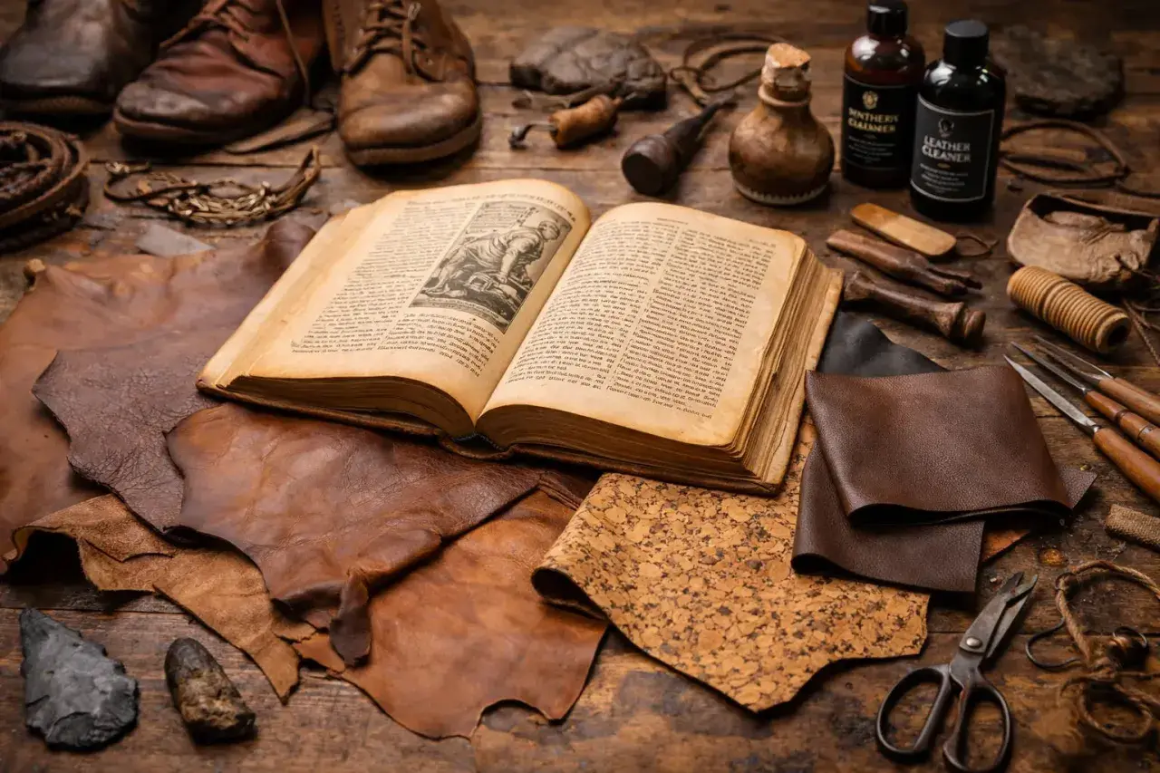 Livre ancien ouvert sur des peaux de cuir, outils et flacons. Une scène évoquant l'histoire du cuir et de son travail artisanal.