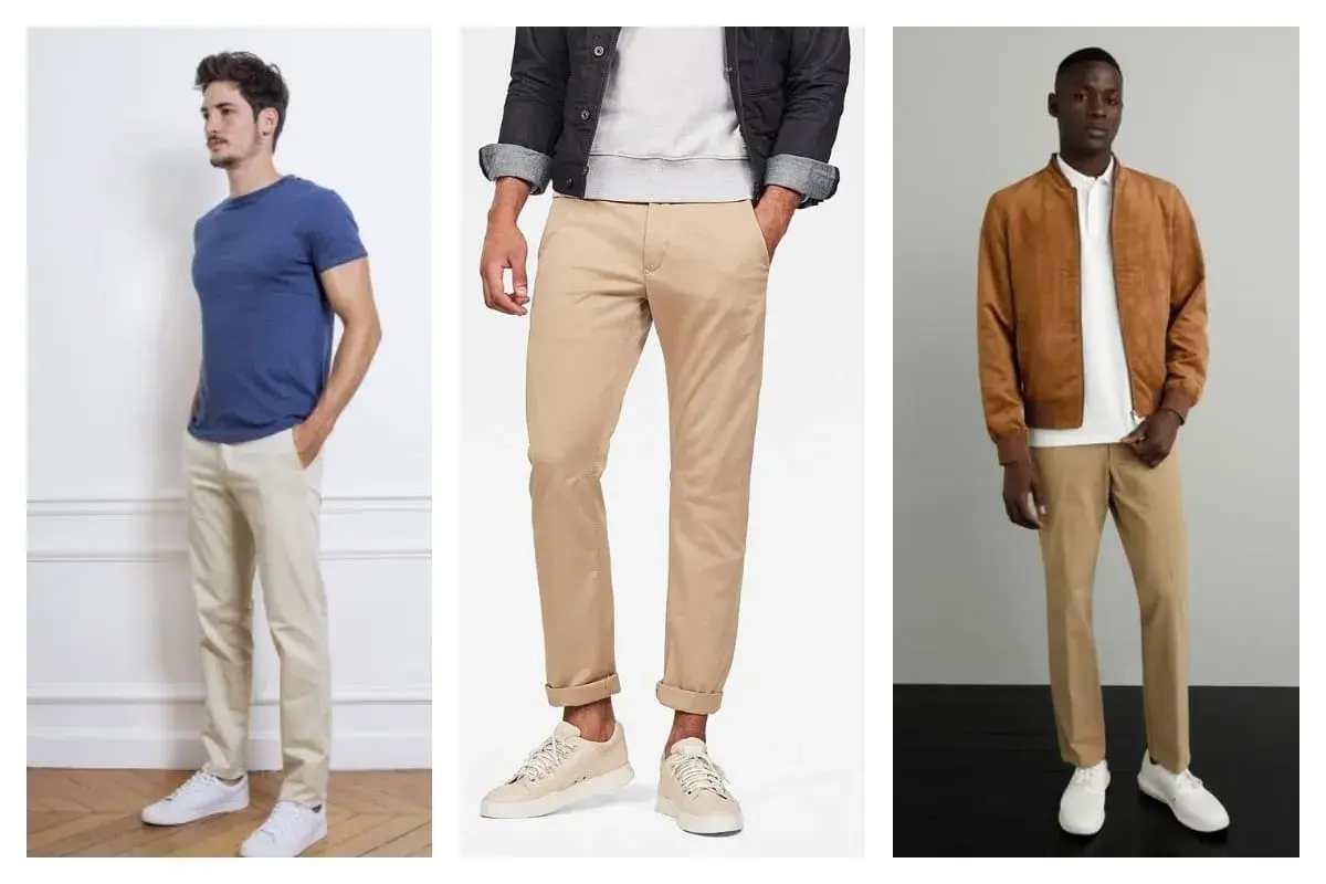 Trois hommes portent un chino camel. Le premier avec un t-shirt bleu, le deuxième avec une veste en jean et un sweat, le troisième avec une veste bomber marron.