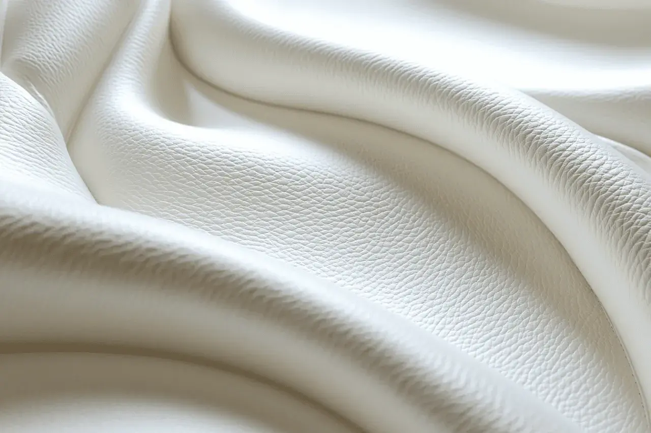 Plis doux de cuir blanc légèrement jauni, évoquant la douceur et la texture d'un tissu. Idéal pour nettoyer cuir blanc jauni.