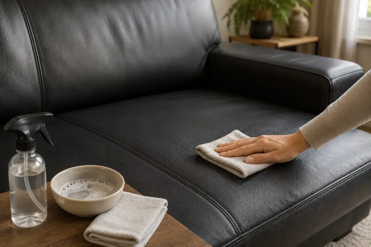Main d'une personne nettoyant un canapé en simili cuir noir avec un chiffon. Un spray et un bol de savon sont à proximité, suggérant une méthode de nettoyage naturel, comme avec du bicarbonate.