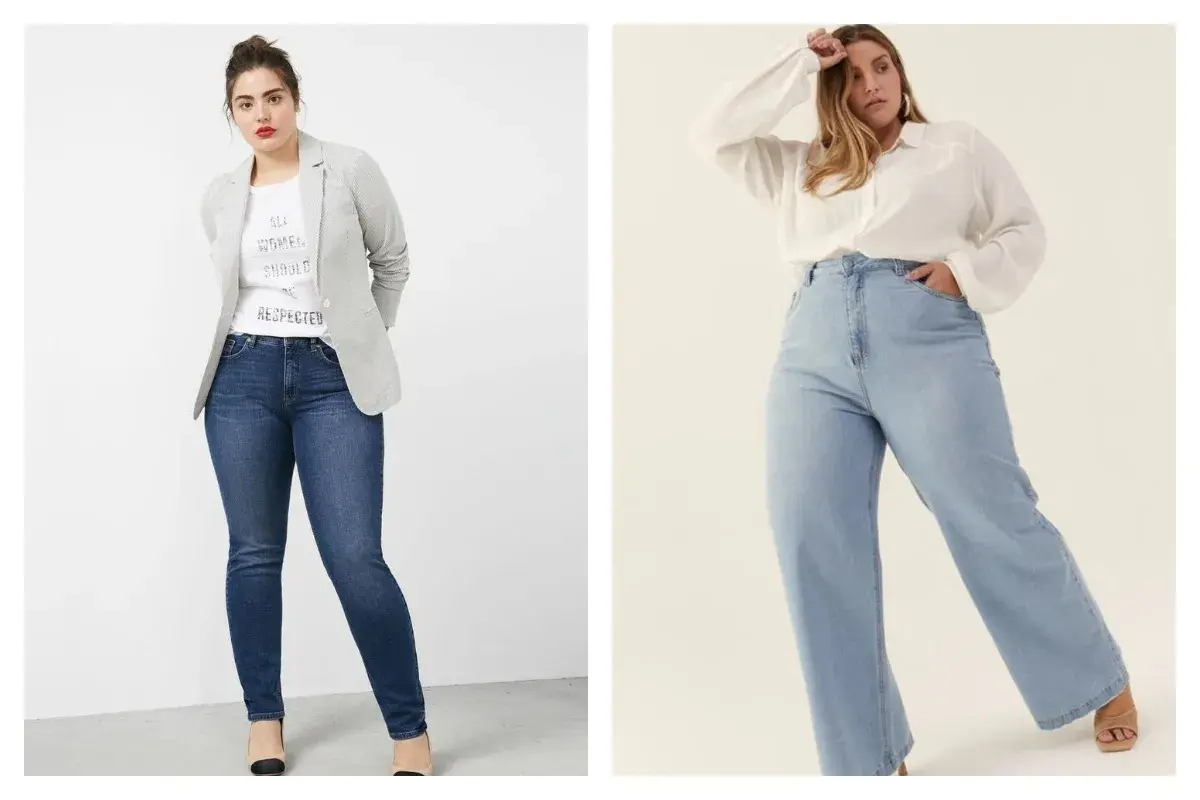 Trouver quel jean quand on a des hanches et des cuisses : un jean slim bleu foncé et un jean large bleu clair, deux options flatteuses.