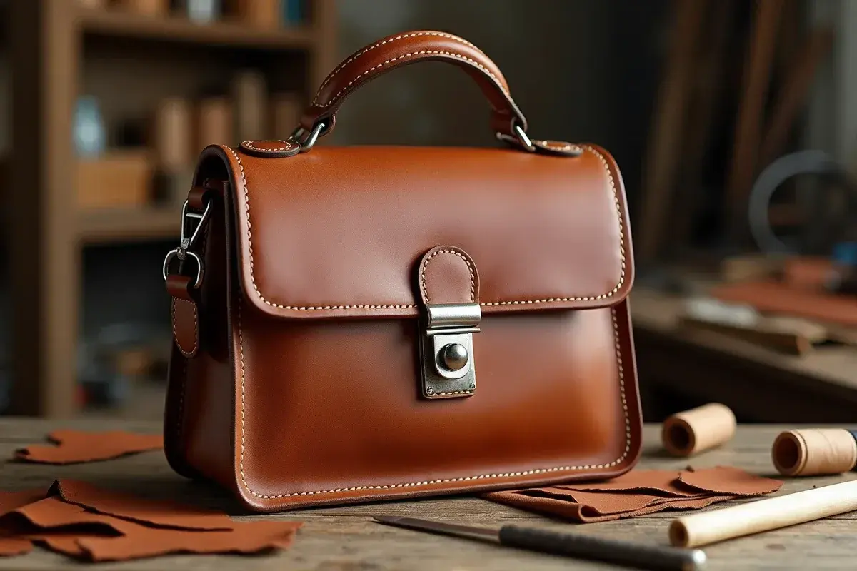 Sac à main en cuir marron, sur une table en bois avec des chutes de cuir et des bobines de fil. Un aperçu de la liste des tanneries en France.