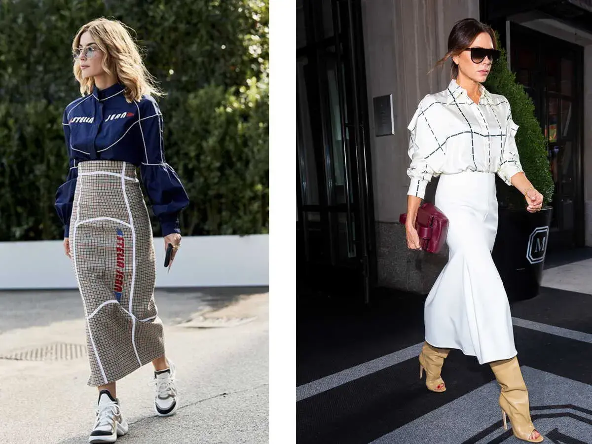 Deux femmes montrent quelles chaussures avec une robe longue automne : baskets stylées ou bottines élégantes.