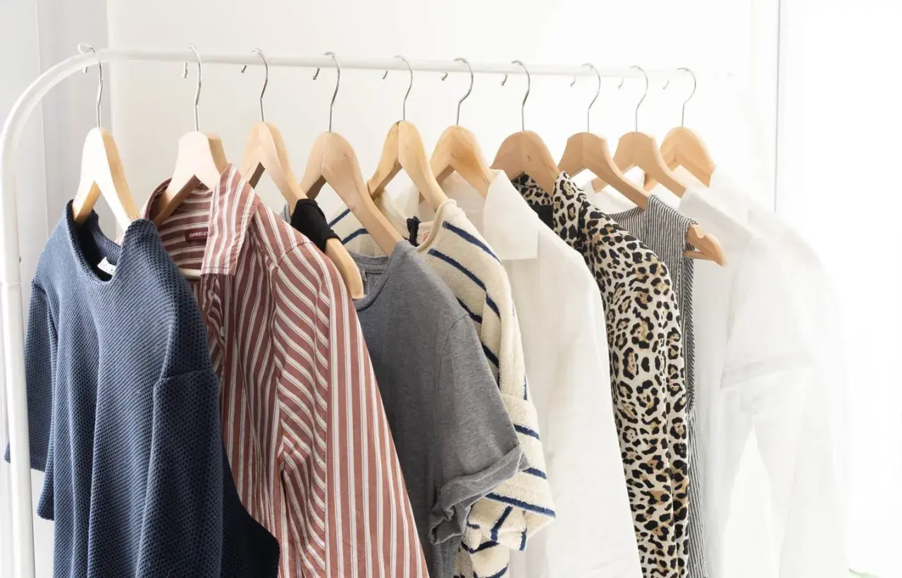 Vêtements sur un portant : une garde-robe minimaliste pour comment éviter la surconsommation. Bleu, rayé, léopard, blanc... des pièces intemporelles.