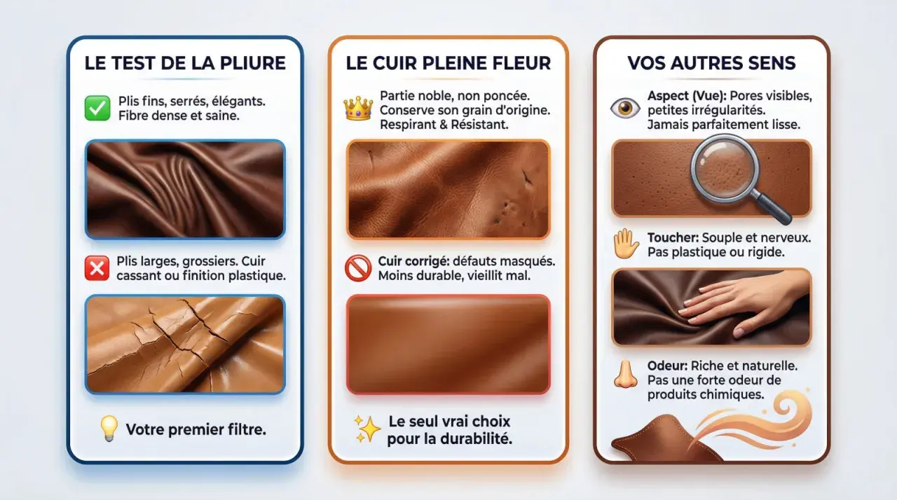 Test de pliure, cuir pleine fleur et sens : visuel, toucher, odeur. La qualité cuir se révèle par sa souplesse et son grain naturel.