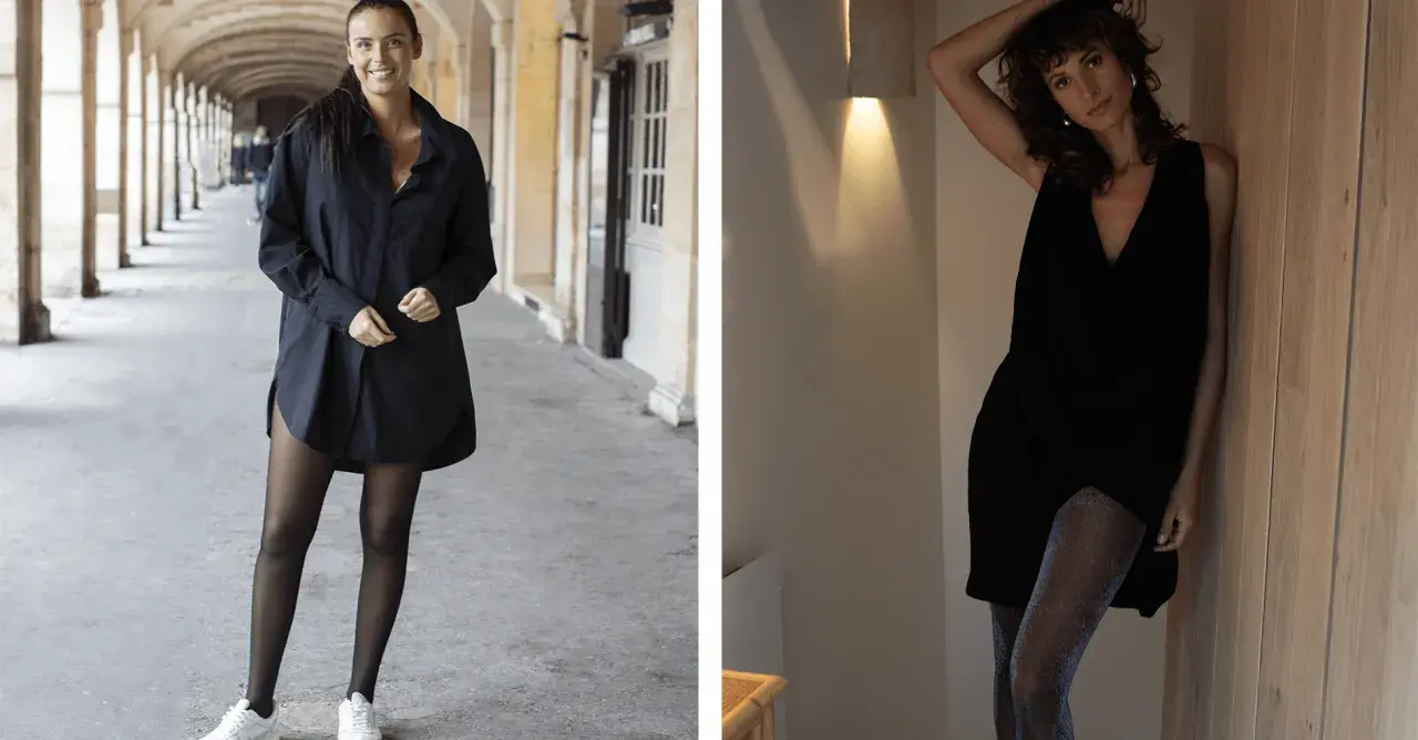 Deux femmes portent des tenues noires, l'une avec une robe chemise et des collants noirs opaques, l'autre avec une robe sans manches et des collants scintillants.