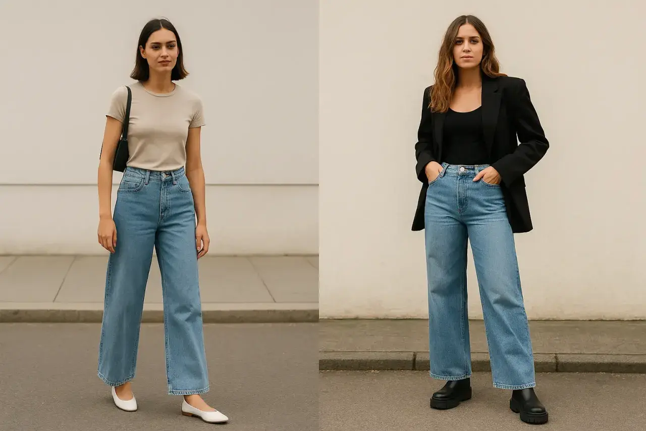 Deux femmes portent un jean wide leg. Ce style de jean convient à toutes les morphologies, allongeant la silhouette.