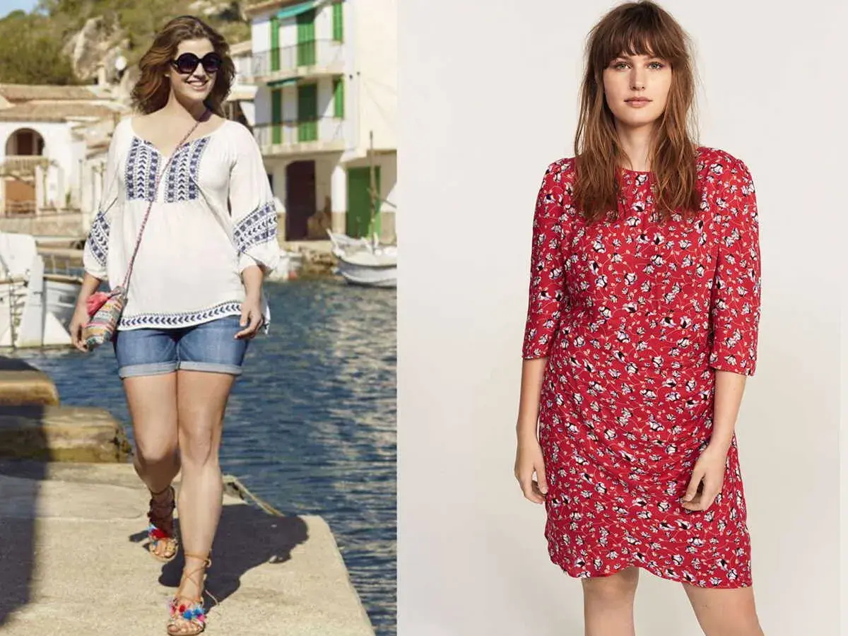 Comment s'habiller l'été quand on est ronde : une femme en tenue décontractée avec un top brodé et short en jean, une autre en robe d'été rouge à fleurs.
