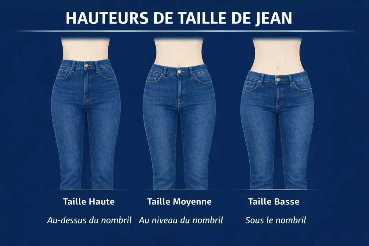 Trois jeans bleus illustrent les hauteurs de taille : haute, moyenne et basse. Idéal pour choisir le jean morphologie a parfait.