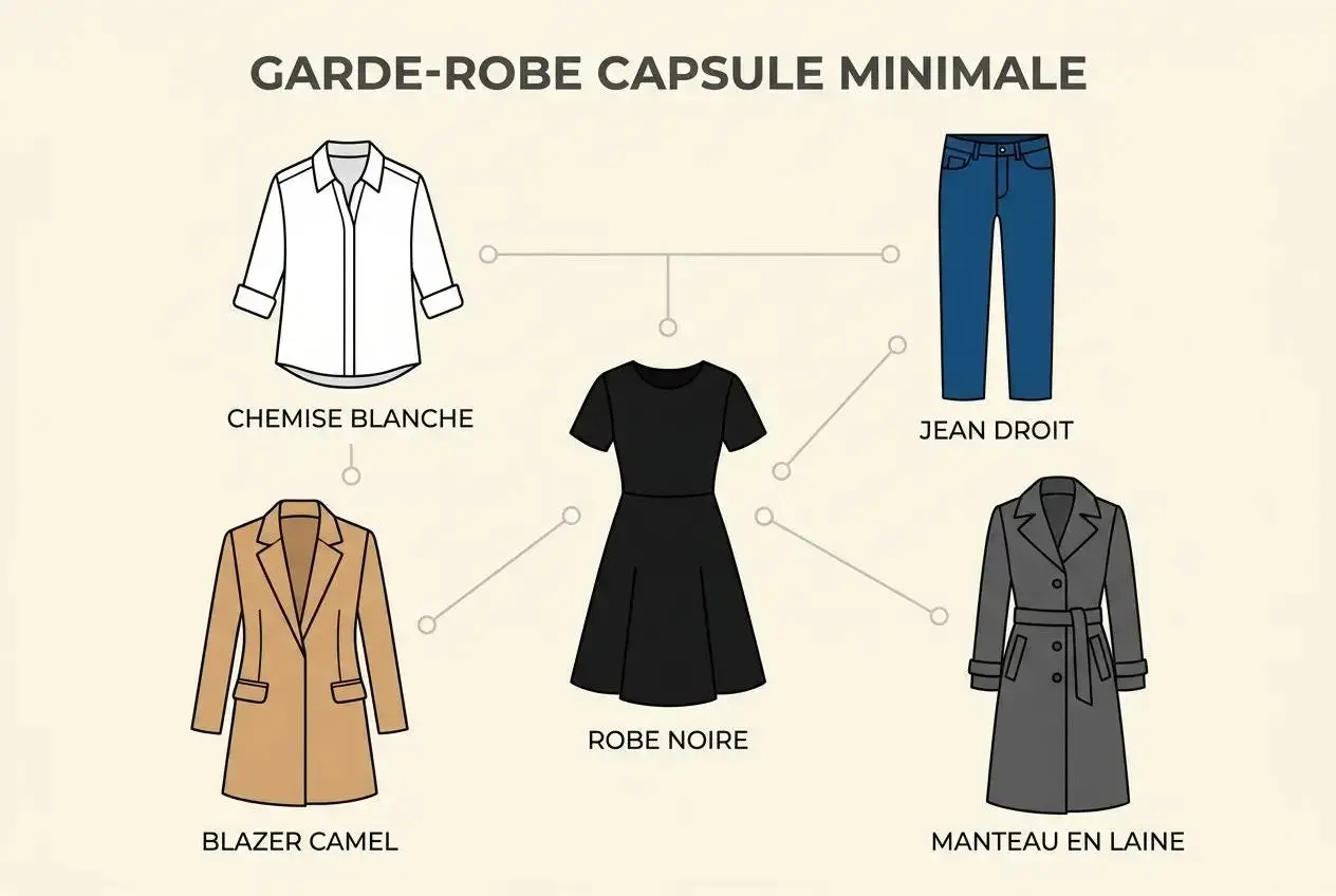 Un guide pour s'habiller stylé avec une garde-robe capsule minimale : chemise blanche, robe noire, jean, blazer camel et manteau en laine.